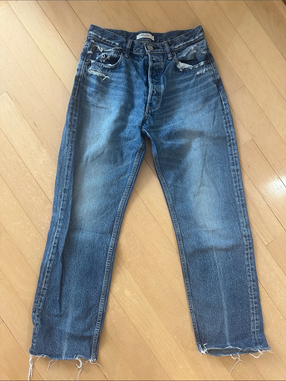 Moussy Women's Blue Straight Leg Distressed Jeans